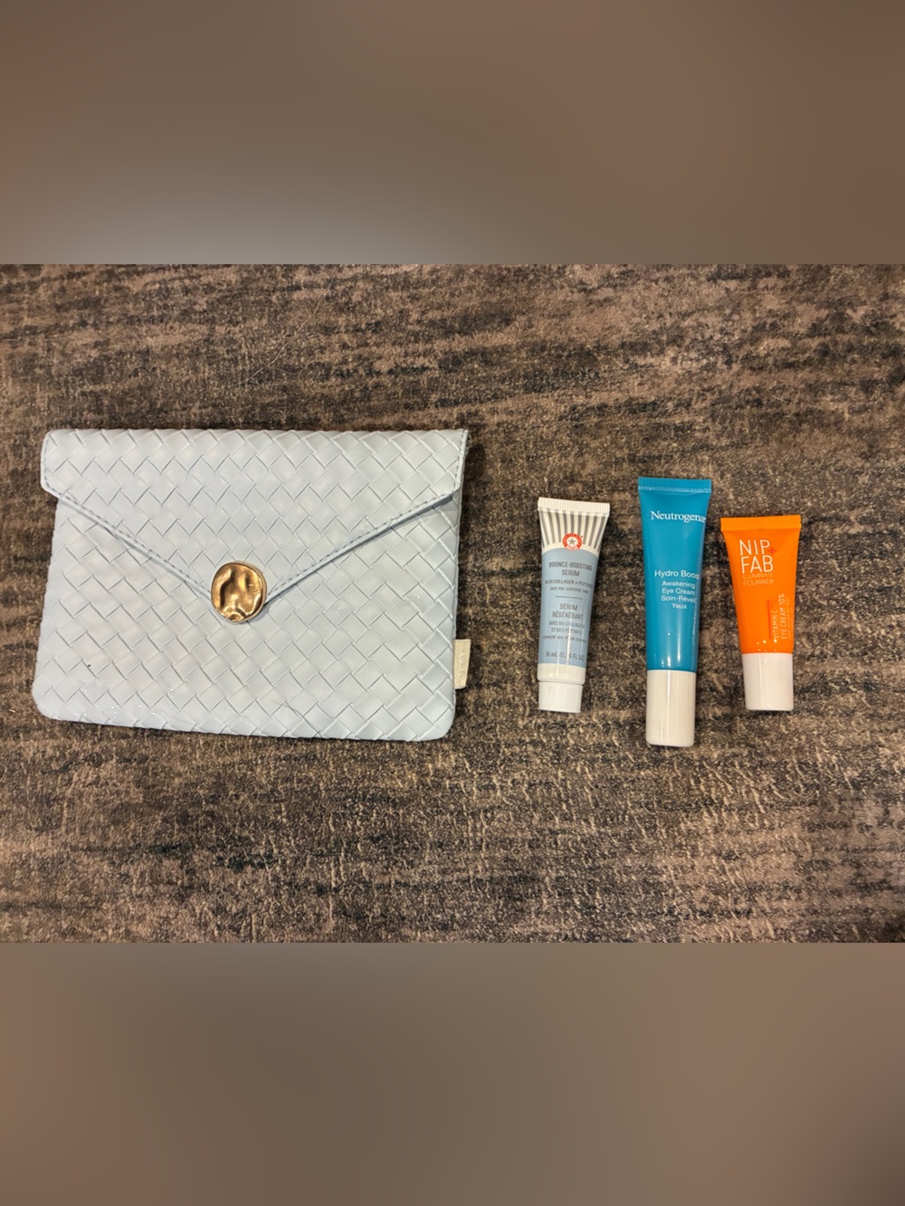 Light Blue Woven Cosmetic Pouch with Gold Button